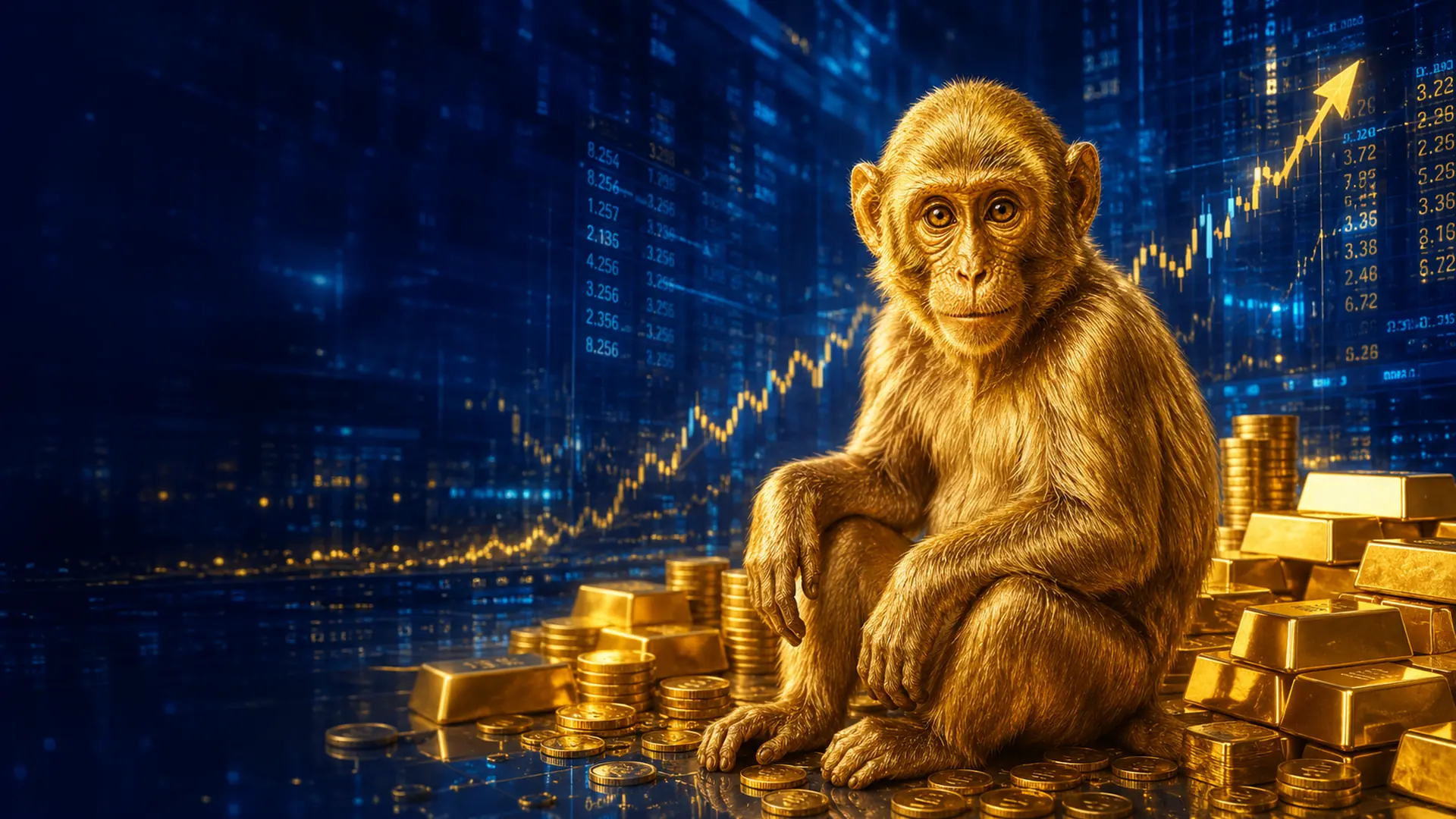Golden Ape sitting in a blue financial market scene